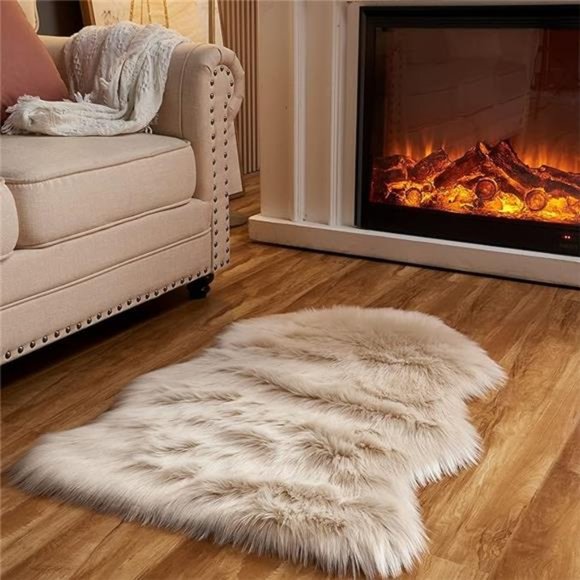Faux Fur Sheepskin Rug Beige Home Area Rug for Bedroom, Fluffy Small Fur Rug - Picture 7 of 7